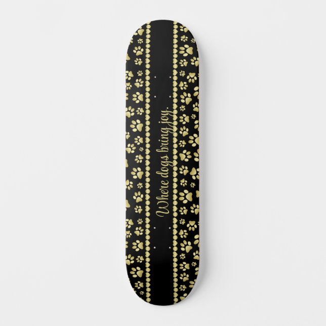 Golden Paw Prints on Black with Custom Name Skateboard (Vorderseite)