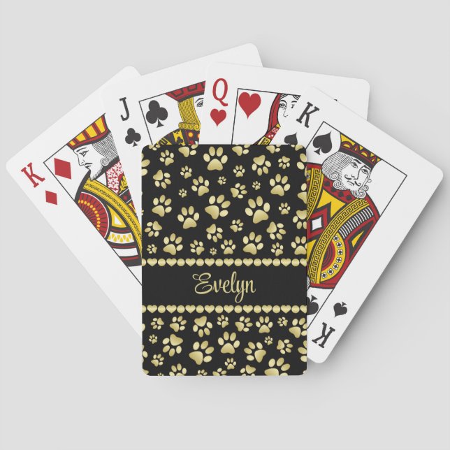 Golden Paw Prints on Black with Custom Name Spielkarten (Rückseite)