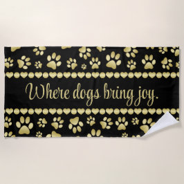 Golden Paw Prints on Black with Custom Name Strandtuch