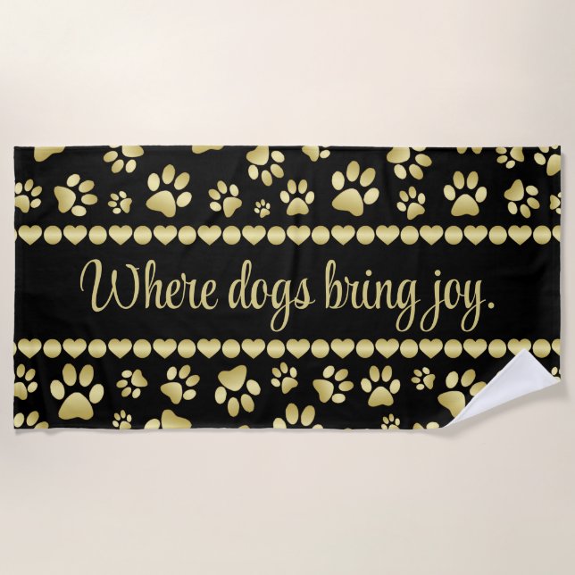 Golden Paw Prints on Black with Custom Name Strandtuch (Vorderseite)