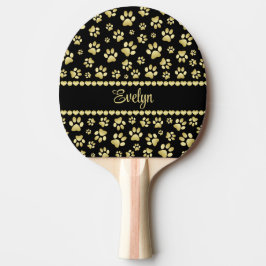 Golden Paw Prints on Black with Custom Name Tischtennis Schläger