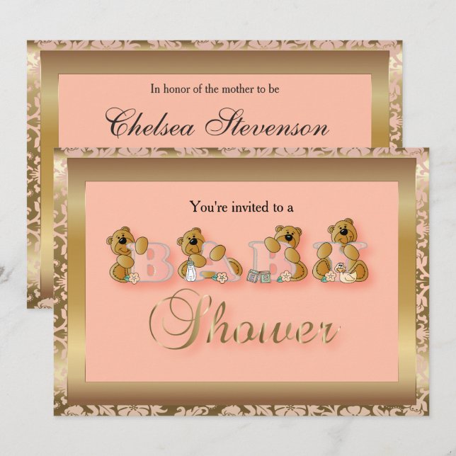 Golden & Peach Damask mit Teddy Bears | Babyparty Einladung (Vorne/Hinten)
