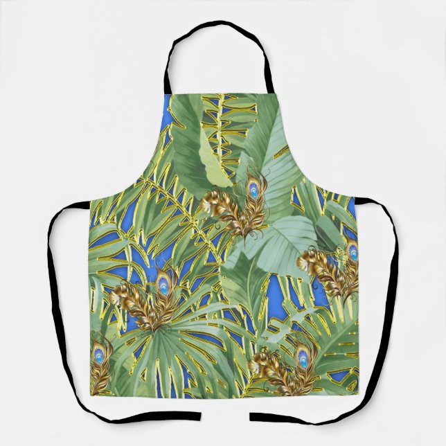 Golden Peacock Blätter auf Cerulean Blue All-Over- Schürze (Vorderseite)