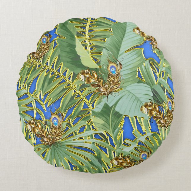 Golden Peacock Blätter auf Cerulean Blue Rundes Kissen (Vorderseite)