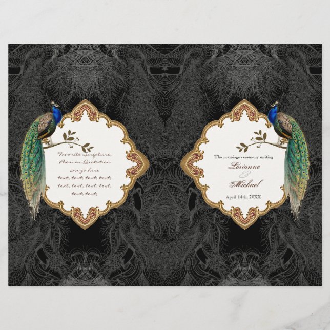 Golden Peacock & Calligraphy Swirl Wedding Program (Vorderseite)