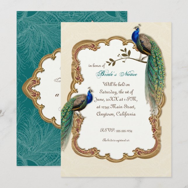 Golden Peacock & Calligraphy Swirls Invitation (Devant / Derrière)