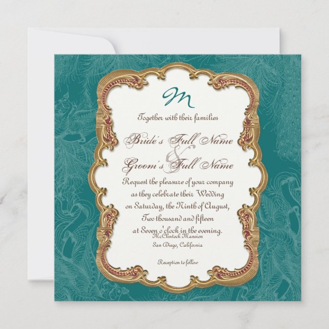 Golden Peacock & Calligraphy Swirls Invitation (Devant)