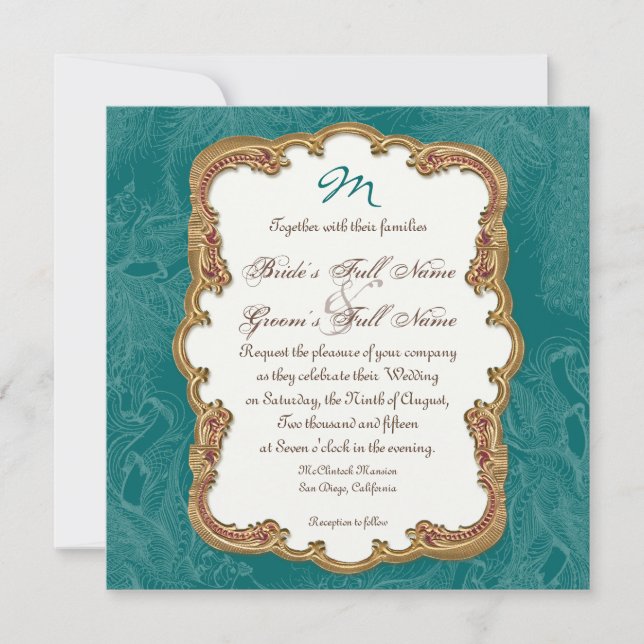 Golden Peacock & Calligraphy Swirls Invitation (Devant)