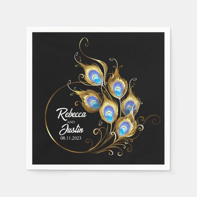 Golden Peacock Feather Black Modern Boho Serviette (Vorderseite)
