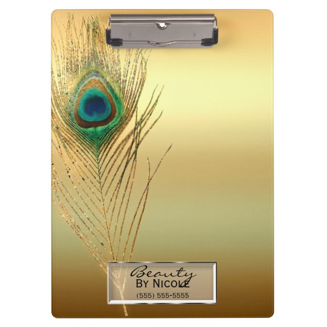 Golden Peacock Feather Elegantes Glam Personalisie Klemmbrett (Vorderseite)