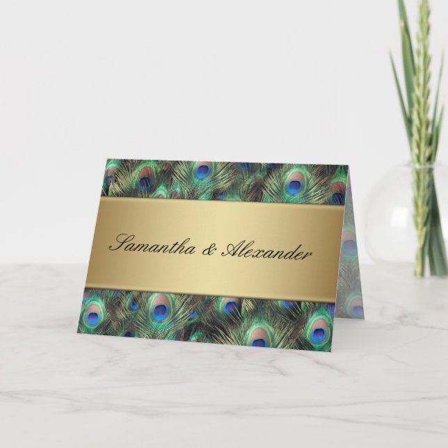 Golden Peacock Feather Folded Wedding Einladung (Vorderseite)
