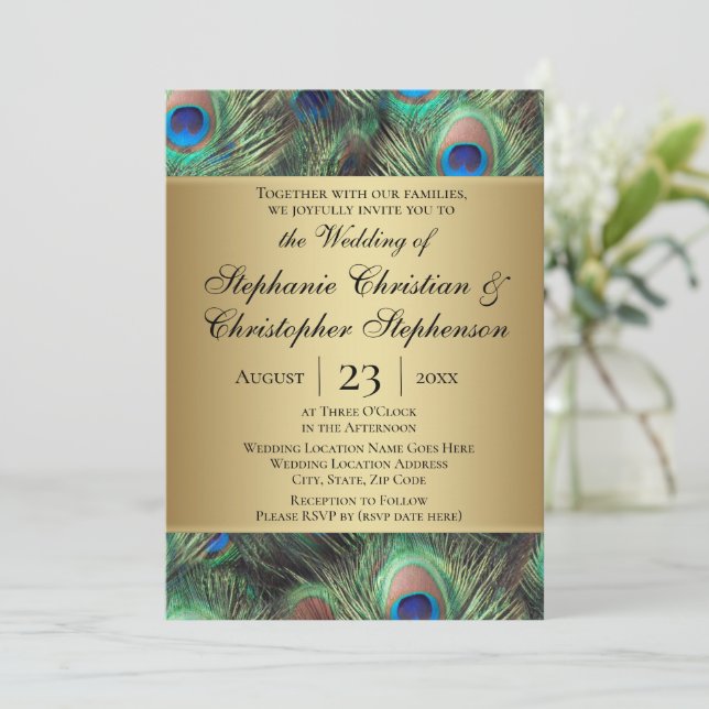 Golden Peacock Feather Wedding Einladung (Stehend Vorderseite)