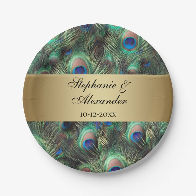Golden Peacock Feather Wedding Pappteller (Vorderseite)