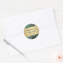 Golden Peacock Feather Wedding Runder Aufkleber