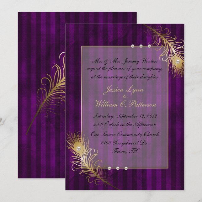 Golden Peacock Feathers & Pearls Wedding Einladung (Vorne/Hinten)
