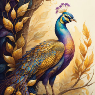 Golden peacock in a golden forest v3 seidenpapier