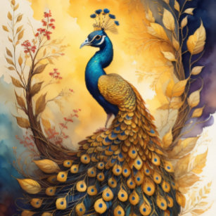 Golden peacock in a golden forest v5 seidenpapier