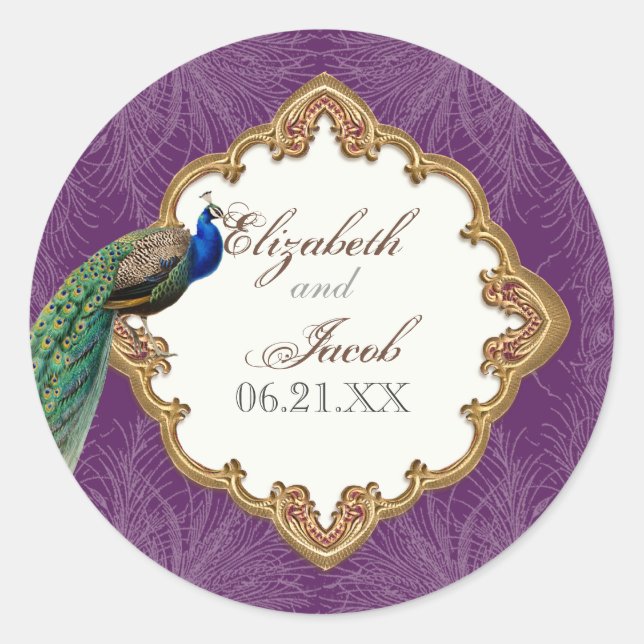 Golden Peacock & Wirbel - Hochzeitsticker oder Sie Runder Aufkleber (Vorderseite)