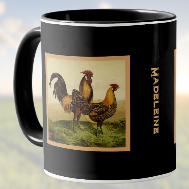 Golden Penciled Hamburg Roosters Black Monogram Tasse (Von Creator hochgeladen)