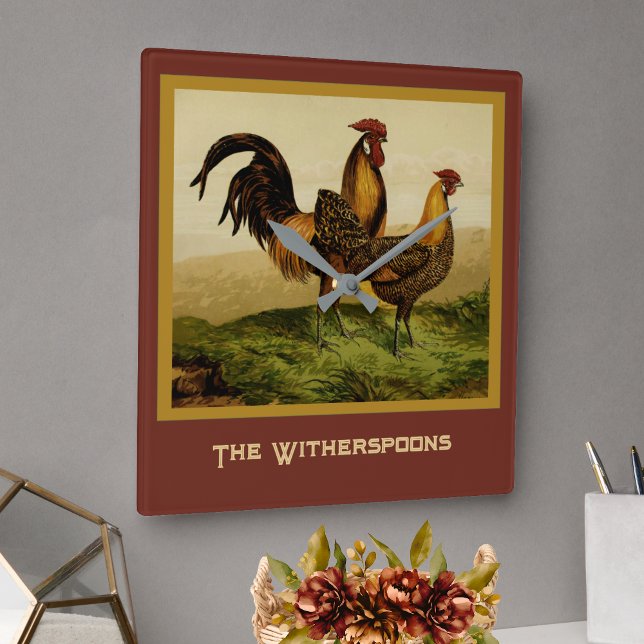 Golden Penciled Hamburg Roosters Hens on Farm Quadratische Wanduhr (Von Creator hochgeladen)