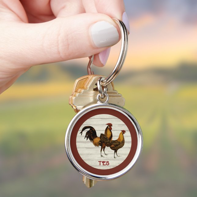 Golden Penciled Hamburg Roosters Maroon Monogram  Schlüsselanhänger (Von Creator hochgeladen)