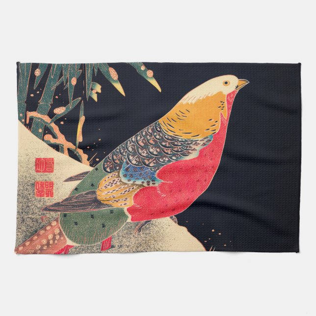 Golden Pheasant Vintag Bird Japanese Woodblock Pr Geschirrtuch (Horizontal)