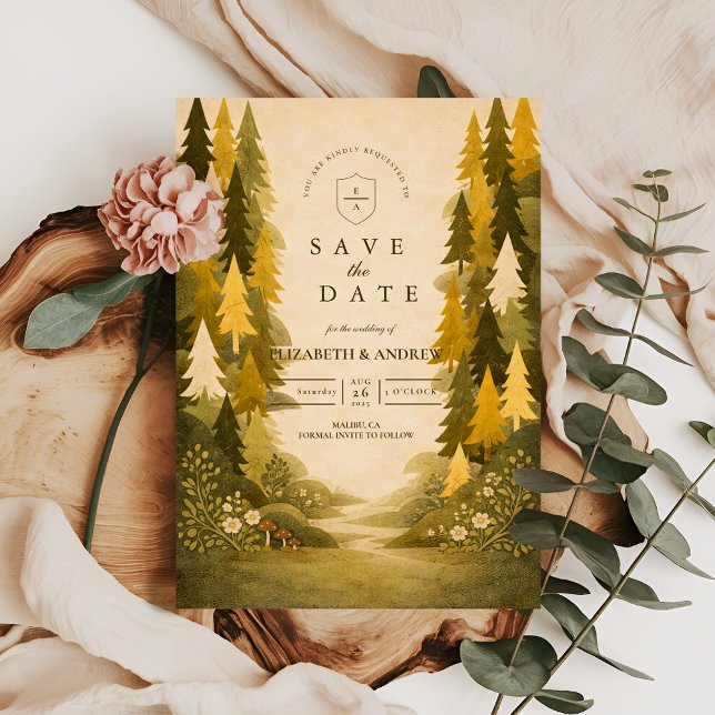 Golden Pine Forest Wedding Save The Date (Von Creator hochgeladen)