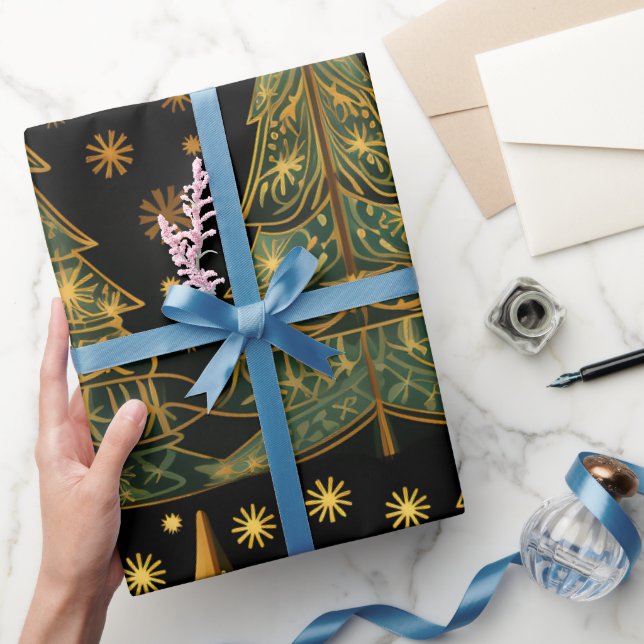 Golden Pines on Midnight Wrapping Paper Geschenkpapier (Schenken)