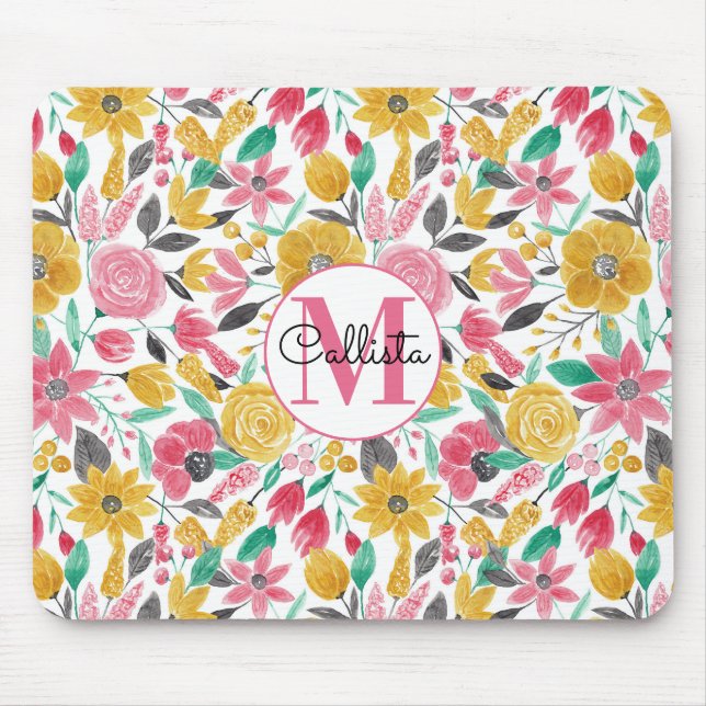 Golden Pink Blume Blätter Aquarellfarben Monogramm Mousepad (Vorne)