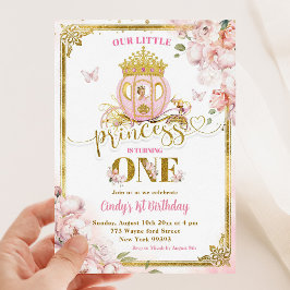 Golden Pink Girl Princess Carriage First Birthday Einladung
