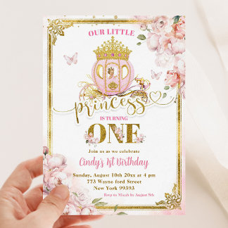 Golden Pink Girl Princess Carriage First Birthday Einladung