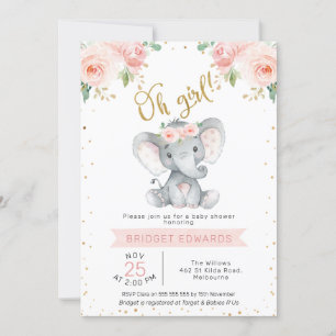 Golden Pink Girl's Safari Elephant Baby Shower Einladung