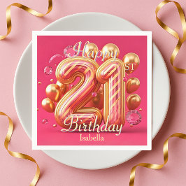 Golden Pink Glam Chic 21st Birthday Balloons Serviette