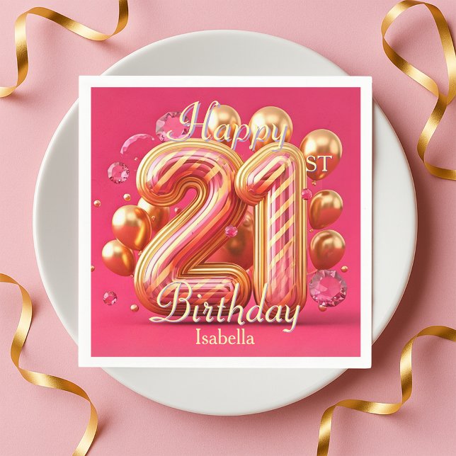 Golden Pink Glam Chic 21st Birthday Balloons Serviette (Von Creator hochgeladen)