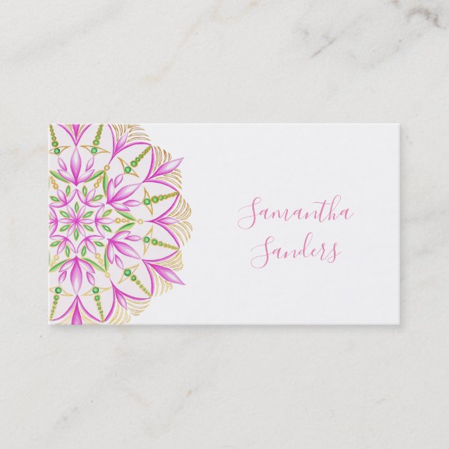 Golden Pink Magnolia Mandala Green Blätter Visitenkarte (Vorderseite)