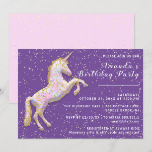 Golden Pink Unicorn Pferd Geburtstag Confetti Lila Einladung