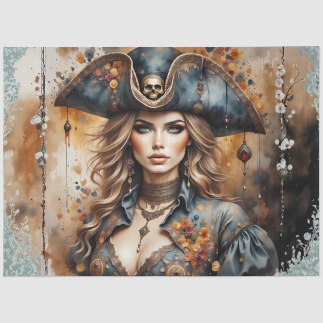 Golden Pirate Queen | Nautical Caribbean Decoupage Seidenpapier (Vorderseite)