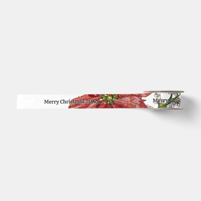 Golden Poinsettia | Personalized Christmas White Satinband (Vorderseite)