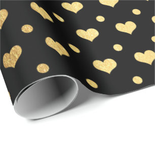 Golden Polka Dots Hearts Confetti Black Metallic Geschenkpapier