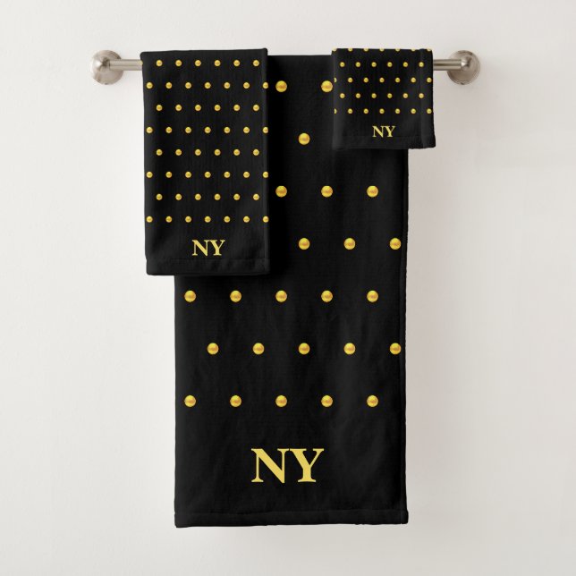 Golden Polka Punkte auf schwarzen Badehandtuch Set (Insitu)