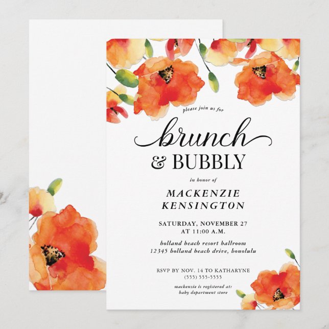 Golden Poppy Brunch Bubbly Brautparty Einladung (Vorne/Hinten)