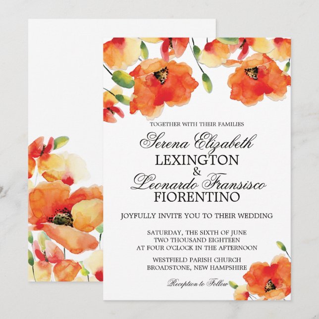 Golden Poppy Summer Wedding Einladung (Vorne/Hinten)