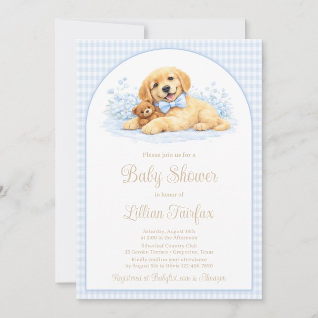 Golden Puppy Baby Shower Invitation for Boy – Blue Einladung (Vorderseite)