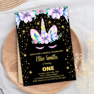 Golden Purple Black Unicorn Invitations Anniversai