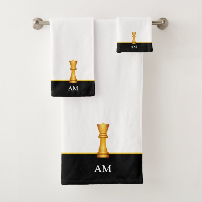 Golden Queen & Monogram auf Schwarz und Weiß Badhandtuch Set (Insitu)