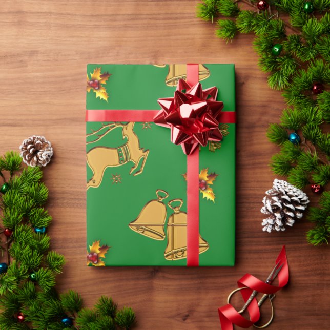 Golden Reindeer Green Weihnachten Geschenkpapier (Von Creator hochgeladen)