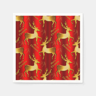 Golden Reindeer on Red Merry Christmas Serviette