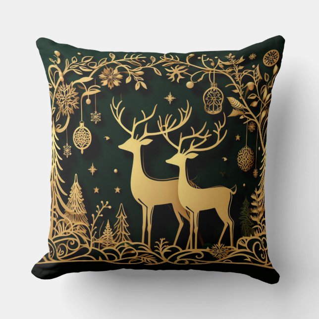 Golden Reindeer & Ornaments Kissen (Vorderseite)