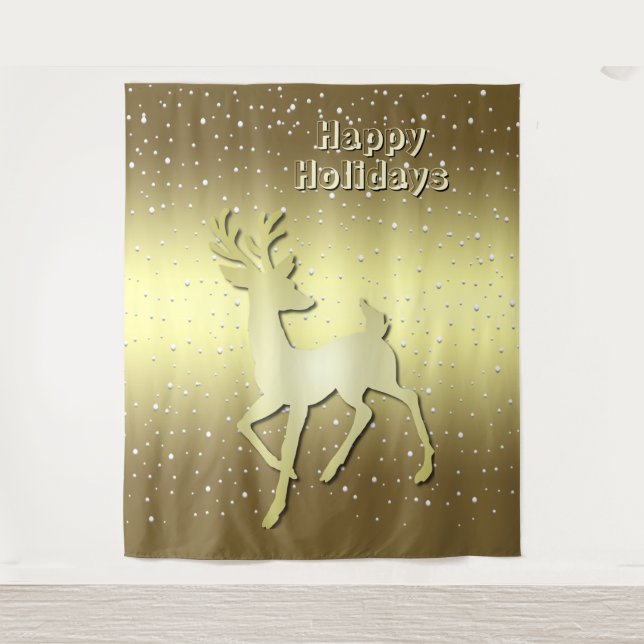 Golden Reindeer Snowy Holiday Backdrop Wandteppich (Vorderseite)