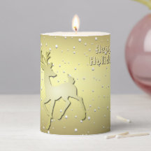 Golden Reindeer Snowy Holiday Pillar Candle